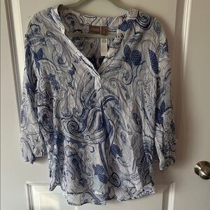 Chico's White and Navy Paisley Split-Neck Blouse